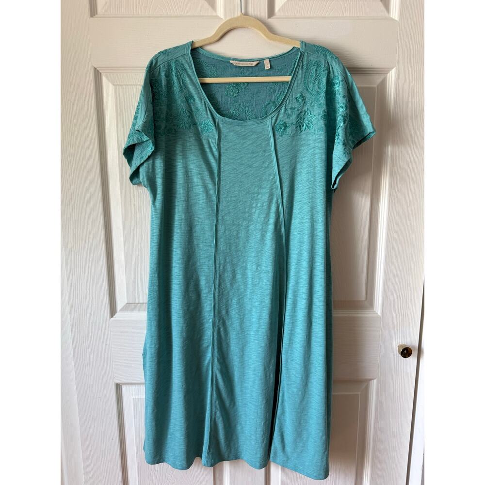 Soft Surroundings Teal Embroidered Cotton Dress Pockets Size L Coastal Boho‎